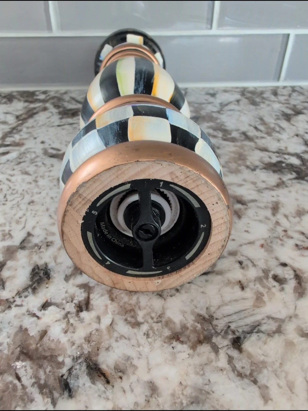 MacKenzie-Childs Hand-Painted Black, White, Gold Striped Pepper Mill